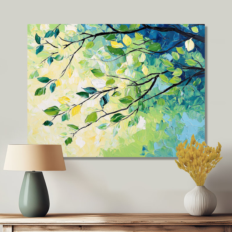 «Summer Green Branches In The Wind I - Leaves», art mural en métal, impression traditionnelle sur métal, H 12 po x l 20 po