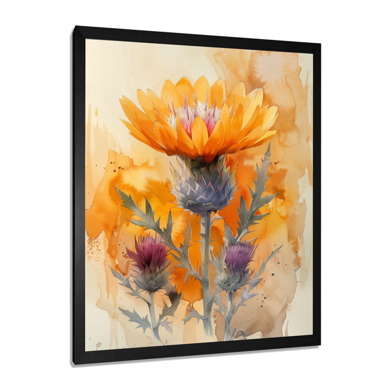 «Morning Summer Yellow Thistle I - Thistle», art mural, Toile encadrée noire simple, H 44 po x l 34 po x P 1,5 po