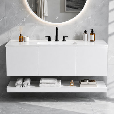 Meuble-lavabo double mural de 122 cm (48 po) avec comptoir en composite, 3 tiroirs et tablette inférieure ouverte, meuble-lavabo suspendu sans poignées en MDF, blanc