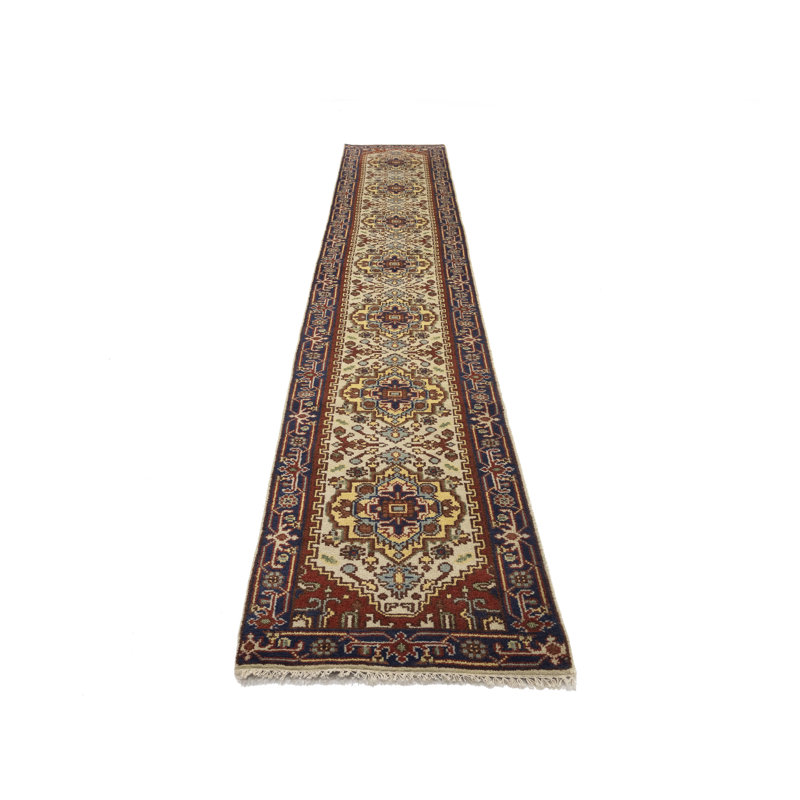 Tapis oriental en laine noué à la main crème, Tapis de couloir 2 pi 6 po x 16 pi 1 po