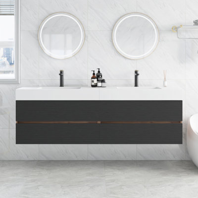 Meuble-lavabo double 72 po avec lavabo à surface solide et tiroirs noirs doux