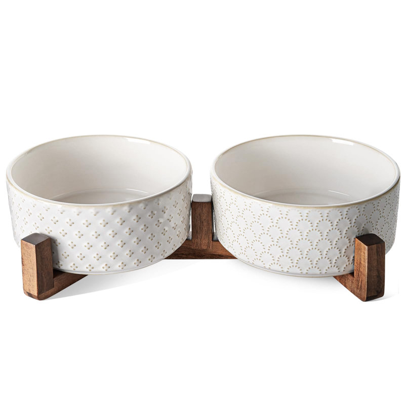 7-Inch White Ceramic Dog Bowls with Acacia Wood Stand