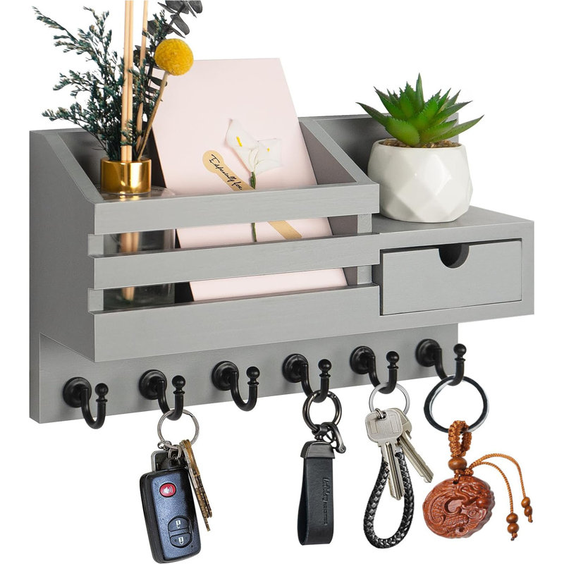 Gray Wall-Mounted Mail Organizer with Hooks and Drawer