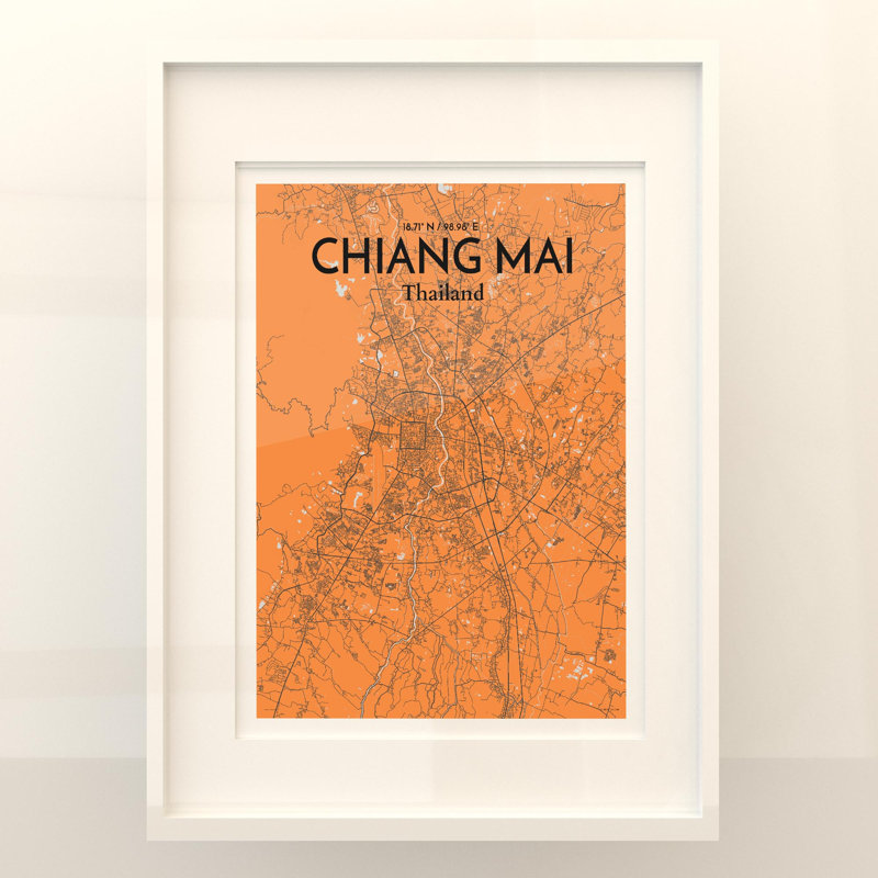 Chiang Mai City Map In Orange - No Frame Print, 24cm H x 18cm W x 0.05cm D
