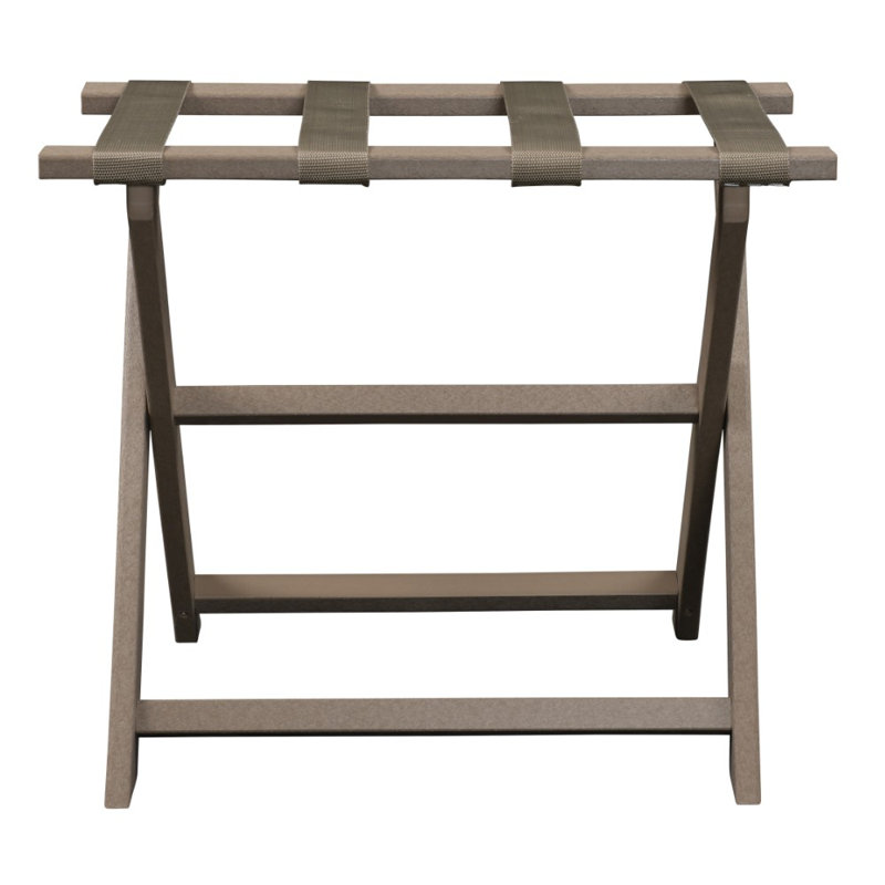 Eco-Friendly Taupe Folding Luggage Rack with Dark Tan Straps