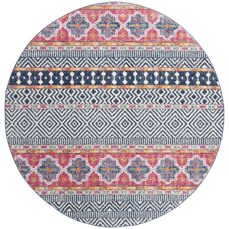 Tapis bleu marine / ivoire à motif géométrique Felty, Rond 6 pi 7 po