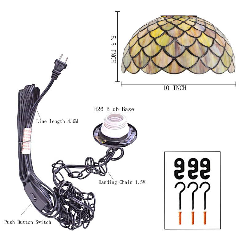 Tiffany Pendant Light Plug in Stained Glass Hanging Lamp Wide 10 Inch, Chain 33 Inch, Cord 15 Feet (Brown Fish Scales)