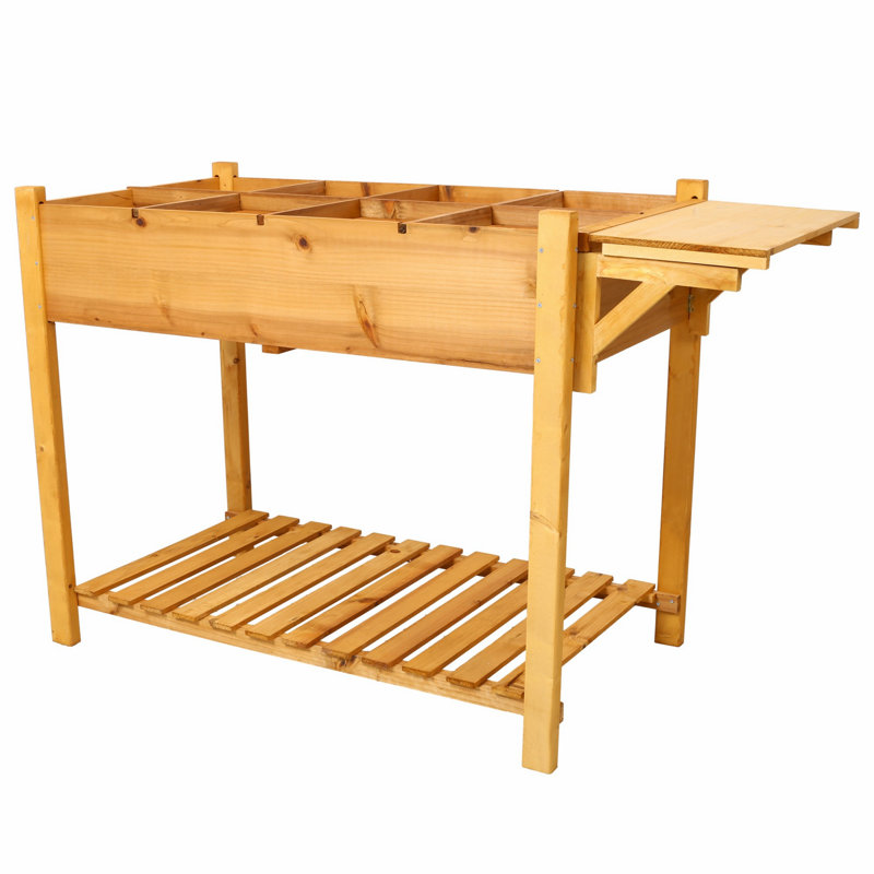 8-Pocket Raised Garden Bed, Elevated Wood Planter With Foldable Side Table And Storage Shelf For Herb, Vegetables, Flowers