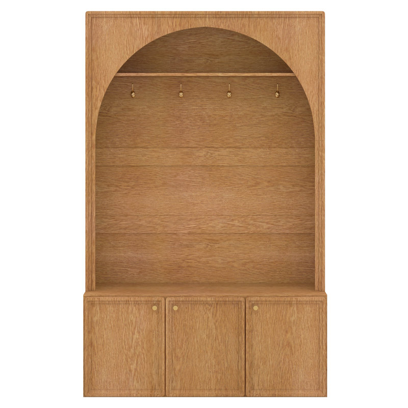 Entryway Hall Tree With Storage Bench, Adjustable Shelves, Arched Coat Rack With 4 Golden Hooks And 3 Cabinets, Natural/Teak