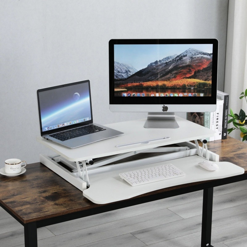 Bureau assis-debout réglable de 81 cm (32 pouces) pour deux écrans et ordinateur portable, blanc, avec un large plateau de clavier et un convertisseur de hauteur, idéal pour les configurations d'ordinateur portable, large base