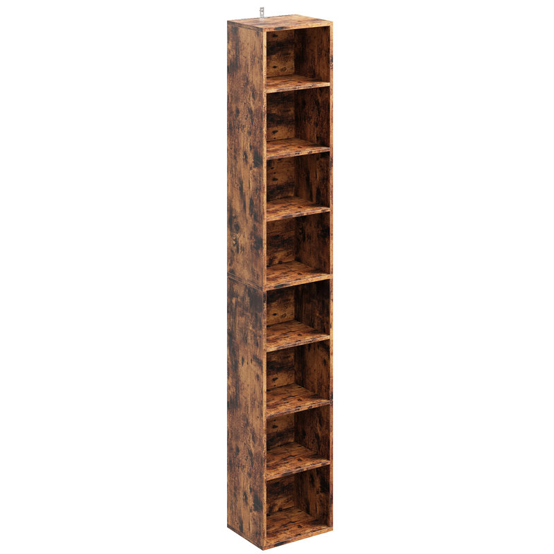 Bibliothèque étroite à 8 couches de conception étroite avec tablettes réglables ouvertes et porte-cubes, Brun