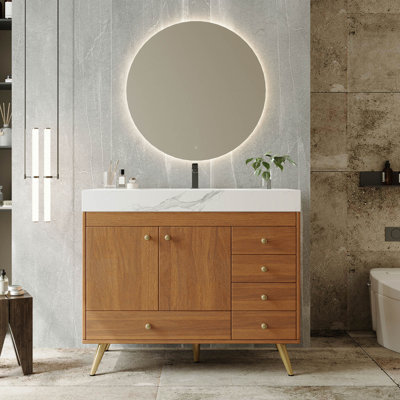 Meuble-lavabo autoportant 36 po avec comptoir en faux marbre, lavabo en céramique, 5 tiroirs et pieds en acier inoxydable