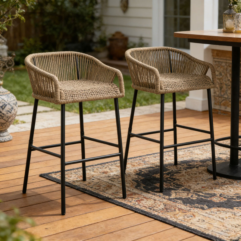 Outdoor Patio Rope Bar Stool, Black+Brown