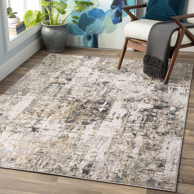 Tapis gris / blanc / brun clair tissé à la machine à motif abstrait Maddux, Rectangle 5 pi 3 po x 7 pi 3 po
