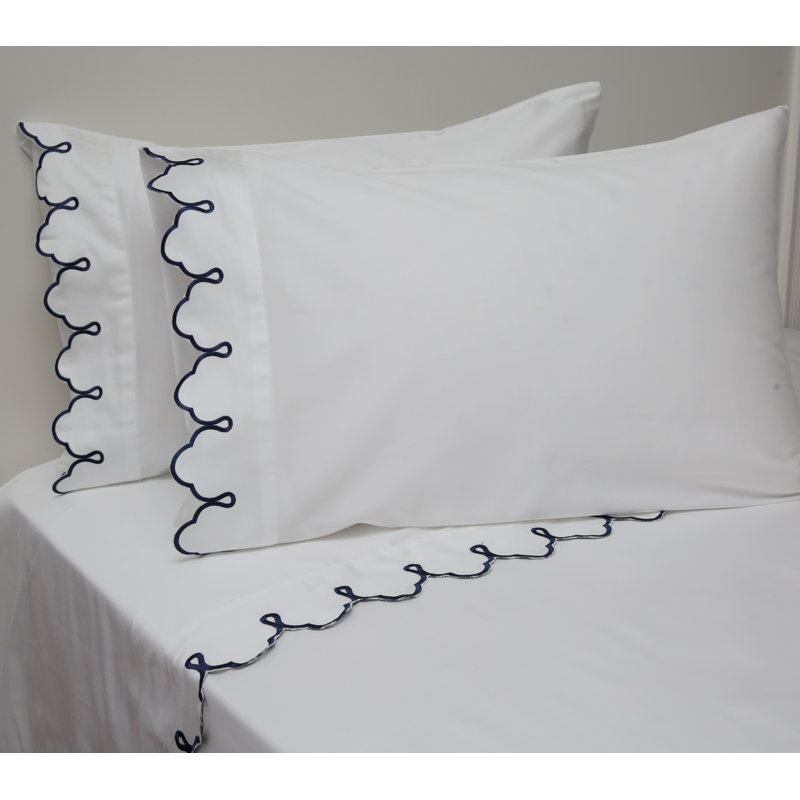 Scalloped 100% Cotton Standard Sheet Set, King Sheet Set, White Navy