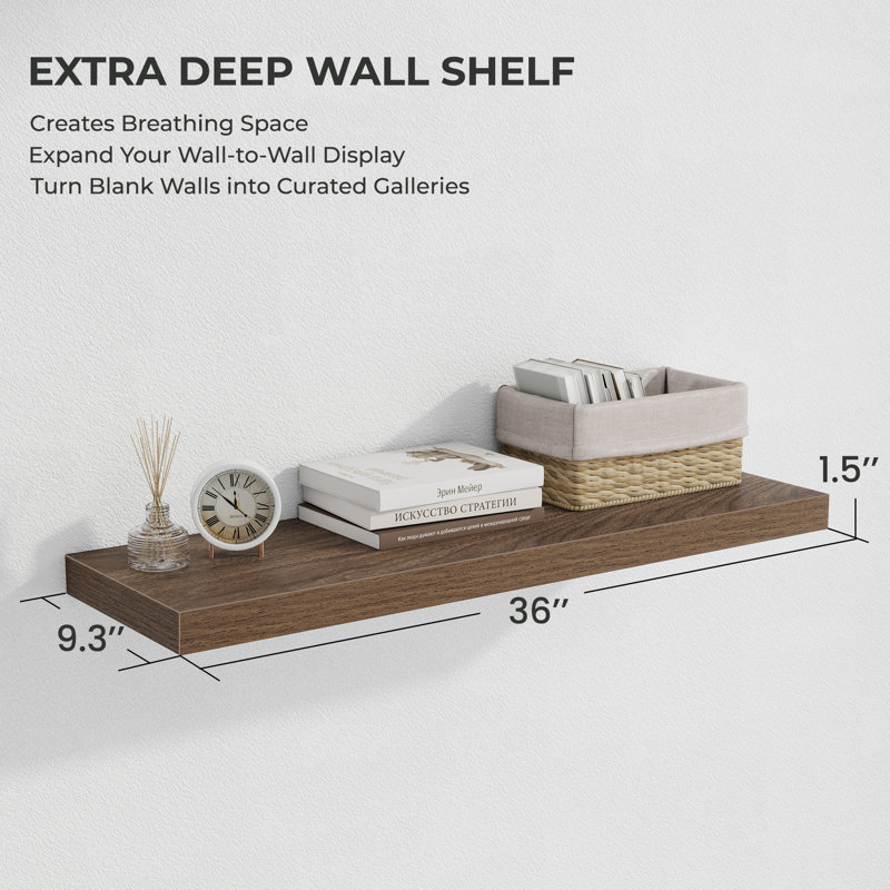 Ensemble de 2 tablettes murales flottantes de 9,3 po de profondeur à fixation murale, H 1,5 po x l 36 po x P 9,3 po, Noyer