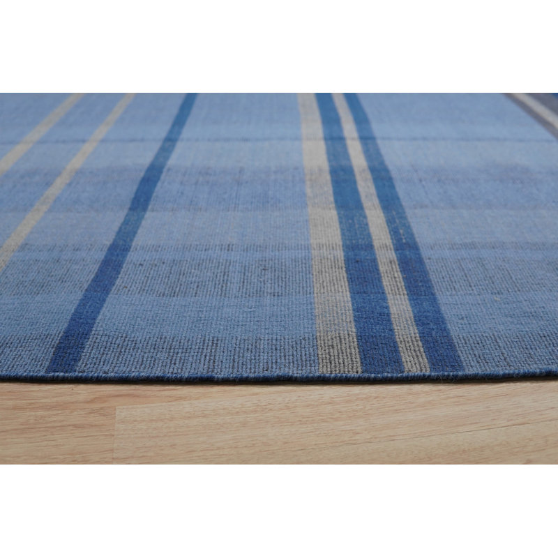Blue Hand-Knotted Wool Subtle Striped Plaid Geometric Modern Contemporary Carpet Rug, 10' x 14'