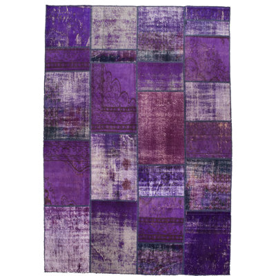 Tapis mauve / blanc en laine noué à la main à motif patchwork de conception unique 6 pi 11 po x 9 pi 11 po