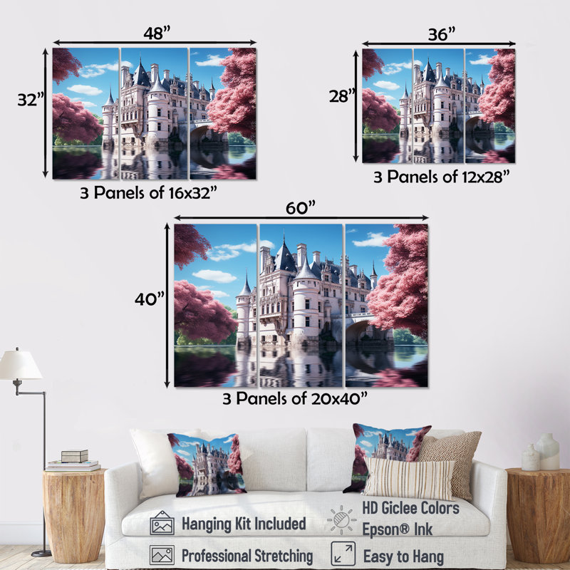Château français, ensemble d'art sur toile, Toile tendue, H 32 po x l 48 po x P 1 po