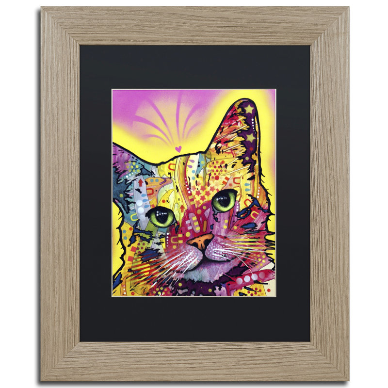 " Tilt Cat " by Dean Russo, 14" H x 11" W x 0.5" D, Black, Silver Framed
