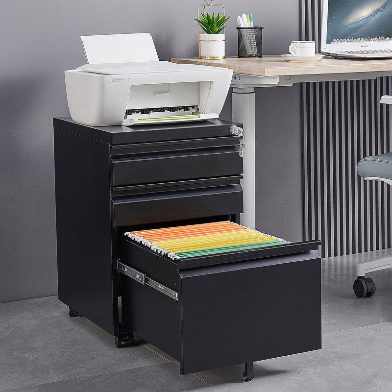 Office Storage Filing Cabinet, 3-Drawer Mobile Filing Cabinet With Lock, Black