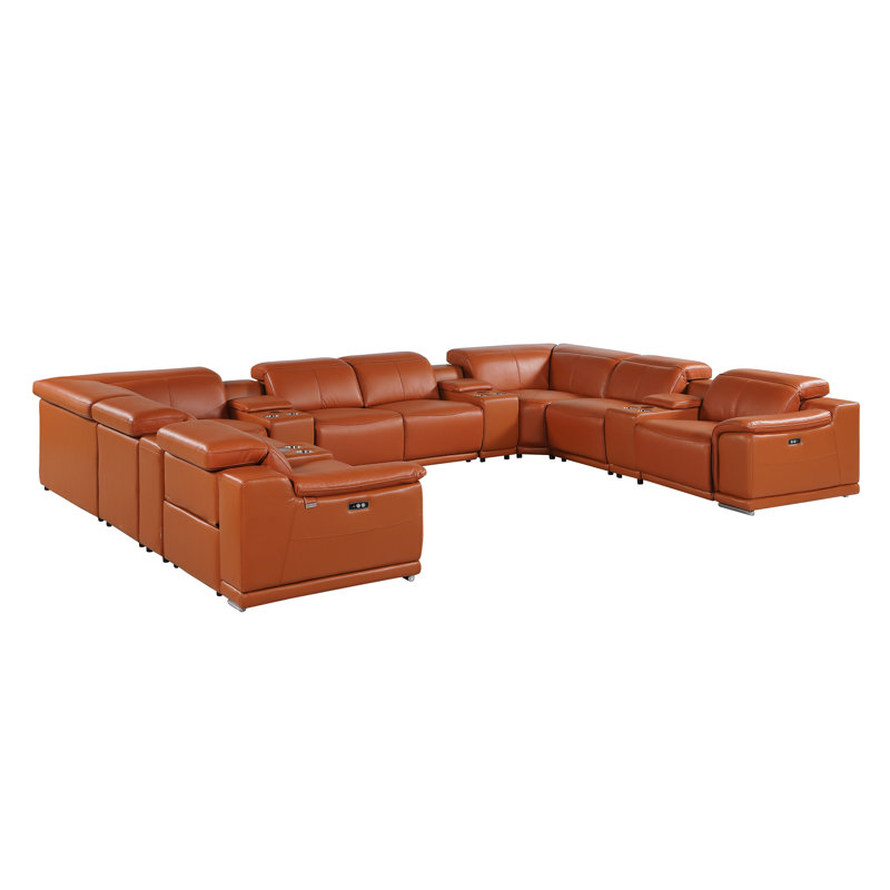 Kitanna 12 Piece 4 Power Recliner Top Grain Italian Leather Sectional, Camel Genuine Leather
