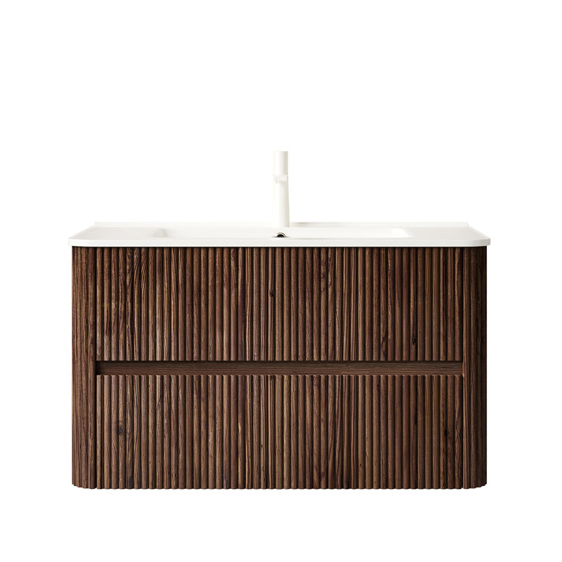 Meuble-lavabo de 36 po avec lavabo, armoire de rangement murale en contreplaqué flottant avec 2 tiroirs en céramique, sans robinet, pré-assemblé