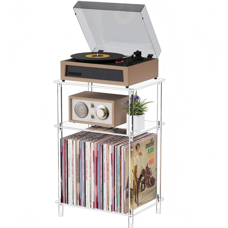 Support pour tourne-disque en acrylique transparent avec rangement en vinyle, petite table tournante latérale à 3 niveaux avec tablette pour album, table de chevet moderne pour le salon et la chambre à coucher