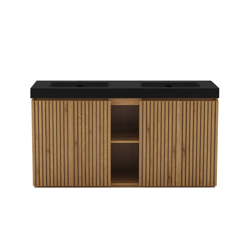 Meuble-lavabo en chêne noueux avec lavabo GALAN, Chêne clair / Noir, 59"