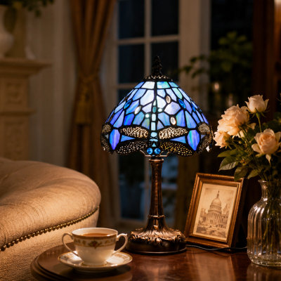 Tiffany Bedside Small Table Lamp, Adjustable 3 Color Temperature, Blue Dragonfly Style Lampshade & Antique Leaf-Patterned Relief Base Desk Nightstand Light Decor for Bedroom Bookcase