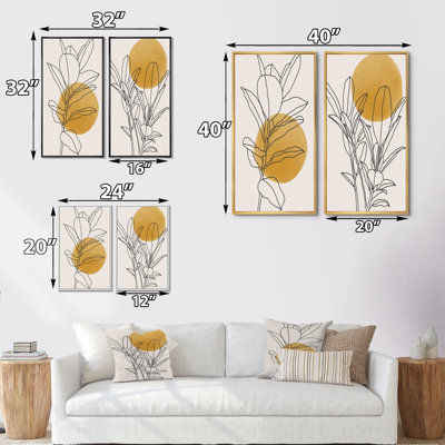 2-Piece "Yellow Botanical Branch with Leaves I" Canvas Painting Print Set