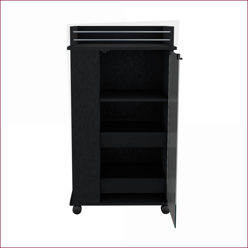 Chariot-bar avec porte vitrée, 2 tablettes latérales et amp; Roulettes | Noir | Panneau de particules, Noir