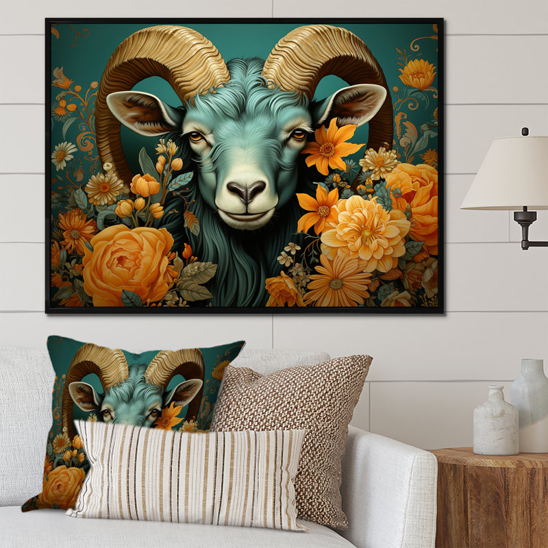 Bleu et orange, chèvre moderne, art mural, Cadre flottant noir, H 34 po x l 44 po x P 1,5 po