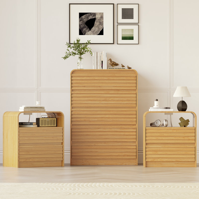 Ensemble de chambre à coucher 3 pièces avec commode à 5 tiroirs et tables de chevet, Natural Oak, 3 Pcs: Chest, 2 Nightstands