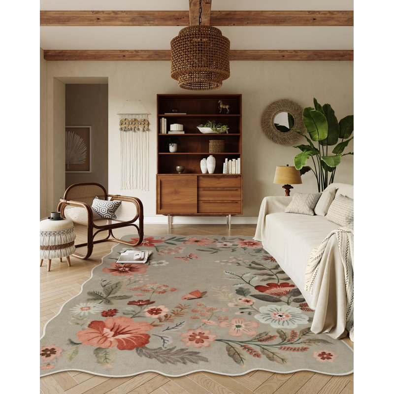 Tawann Machine Washable Floral Farmhouse Area Rug with Non-Slip Backing for Living Room, Dining Room, Bedroom