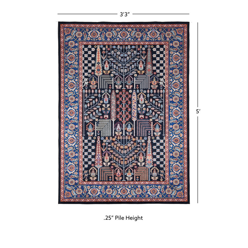 Breedlove Traditional Machine Woven Flatweave Navy and Blue Area Rug with Non Skid Backing, Rectangle 3'3" x 5'