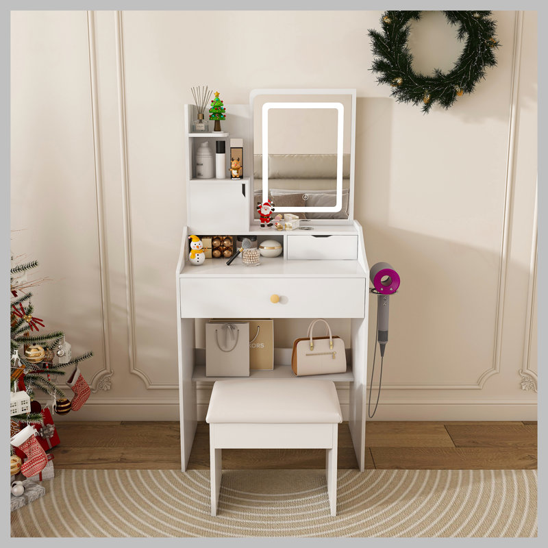 Miroir de coiffeuse 3 couleurs à DEL avec tabouret, coiffeuse rose pour la chambre à coucher, 2 tiroirs et 5 armoires de rangement (4 ouvertes + 1 cachée), éclairage réglable (blanc)