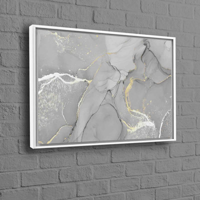 Œuvre moderne grise sur toile de coton avec motif en marbre argent et or, parfaite pour les esthétiques contemporaines