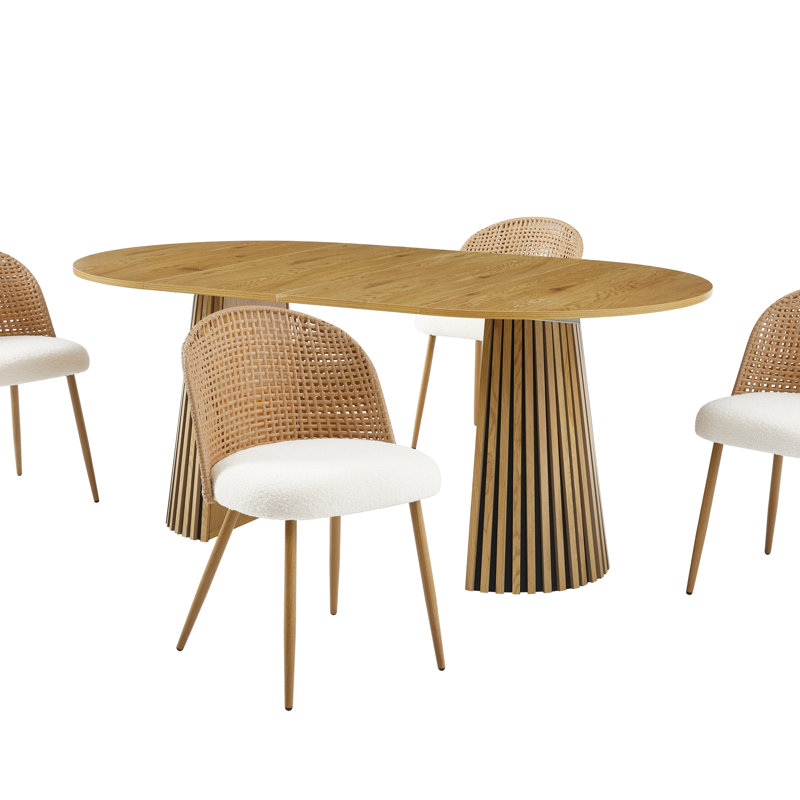 Ensemble de salle à manger style bohémien Mid-Century de 4 chaises, table extensible en bois massif et chaises en osier brun avec coussins blancs pour la cuisine