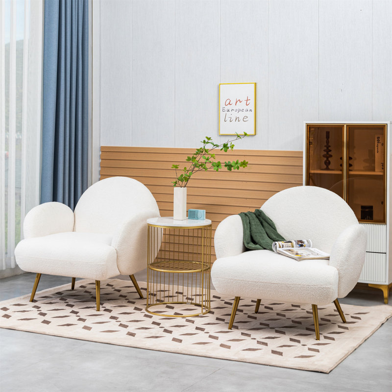 Fauteuil rembourré Eleese Teddy, chaise d'appoint moderne avec pieds en métal, Doré, Velours blanc