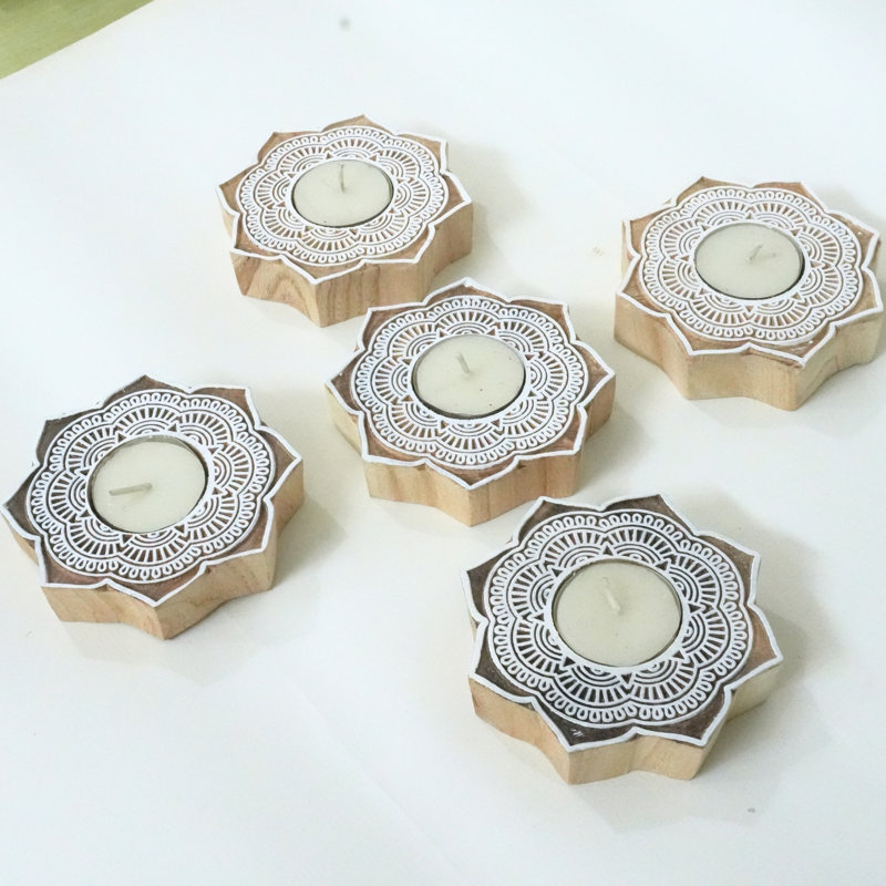  Handcrafted Wooden Candle Block Natural Stained Finish for Tabletop & Home Décor-(Pack Of-7), 7