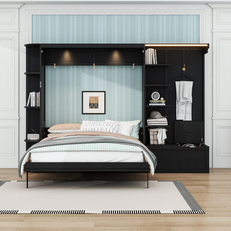 Grand lit escamotable en bois avec tablettes et lumières, Noir