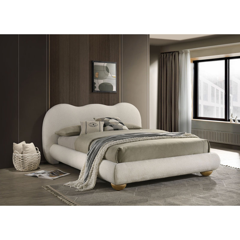 Blanc et chêne naturel couleur 1pc très grand lit rembourré rond Bun, Blanc, Très grand lit