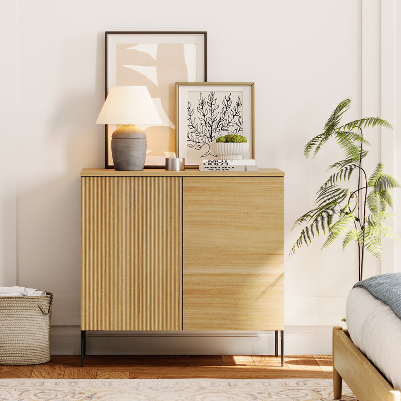 Union Rustic Modern Minimalist Wood Nightstand With Doors ,31.5" Large End Table,Reeded Design Bedside Table For Bedroom, Living Room,Entryway