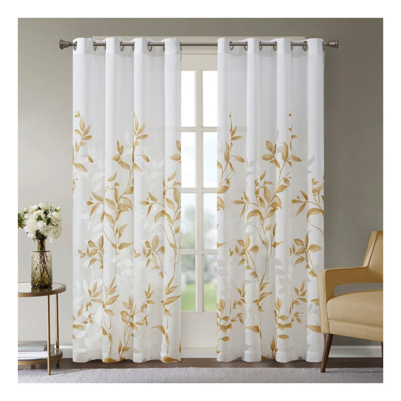 Panneau de rideau semi-diaphane avec œillets Burnout, motif botanique multicolore, 50 po x 84 po, White/Brown