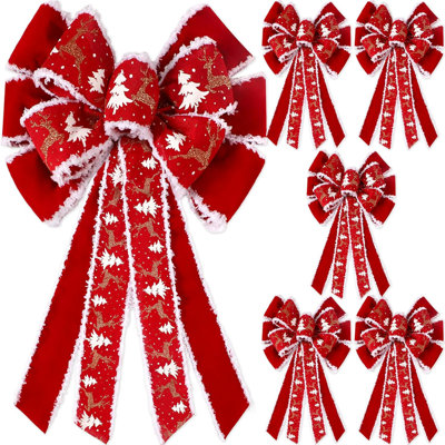 6 Pcs Large Christmas Bow Outdoor 26 x 12 Inches Giant Christmas Tree Topper Red Velvet Glitter Bow