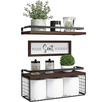 Floating Shelves with Wall Décor Sign, Bathroom Shelves Over Toilet with Wire Storage Basket, Wood Wall Shelves with Protective Metal Guardrail