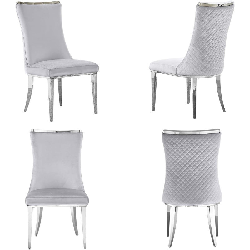 Luxury Light Grey Velvet Dining Chairs Set Of 4 With Polished Silver Metal Legs