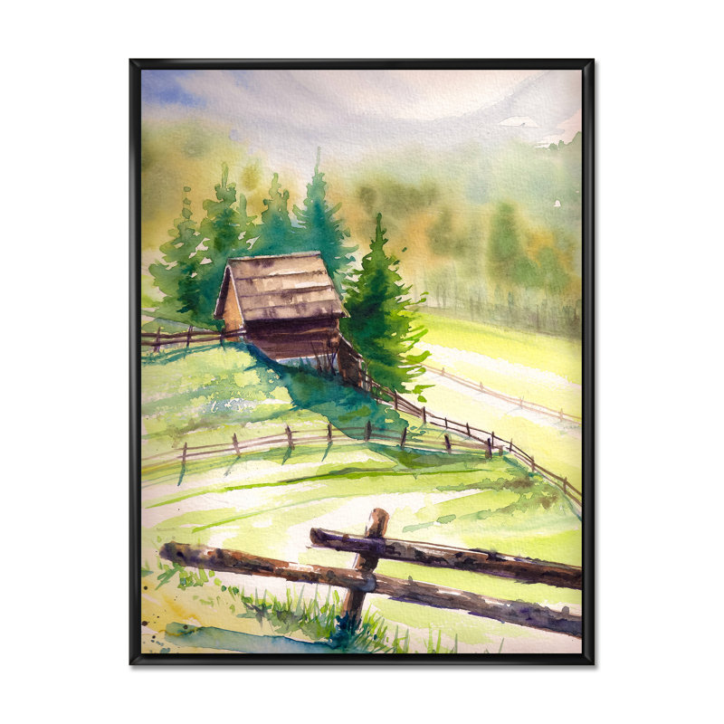 Petite maison dans les montagnes vertes - Peinture sur toile, Cadre flottant noir, H 44 po x l 34 po x P 1,5 po