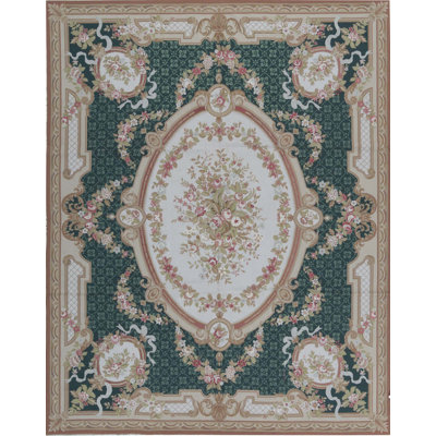 Tapis vert et doré de haute qualité noué à la main